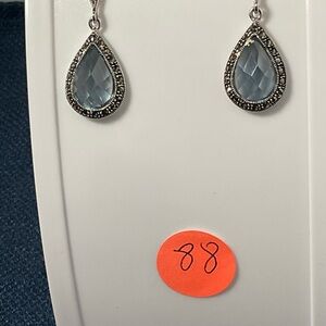 Elegant Sterling Silver  Aqua Marine Blue Teardrop Earrings with Marcasite